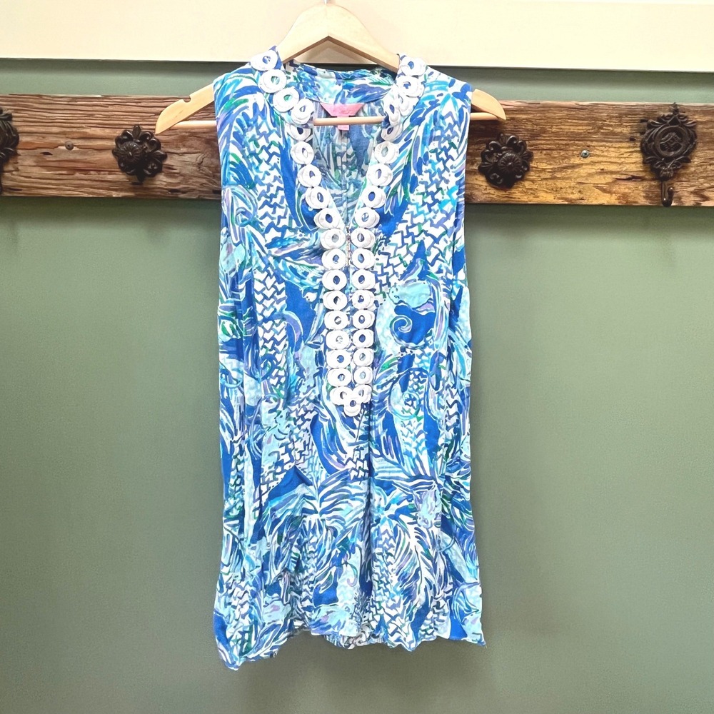 Lilly Pulitzer Blue White Tropical Sleeveless Tunic Top Eyelet Lace Trim Size 6